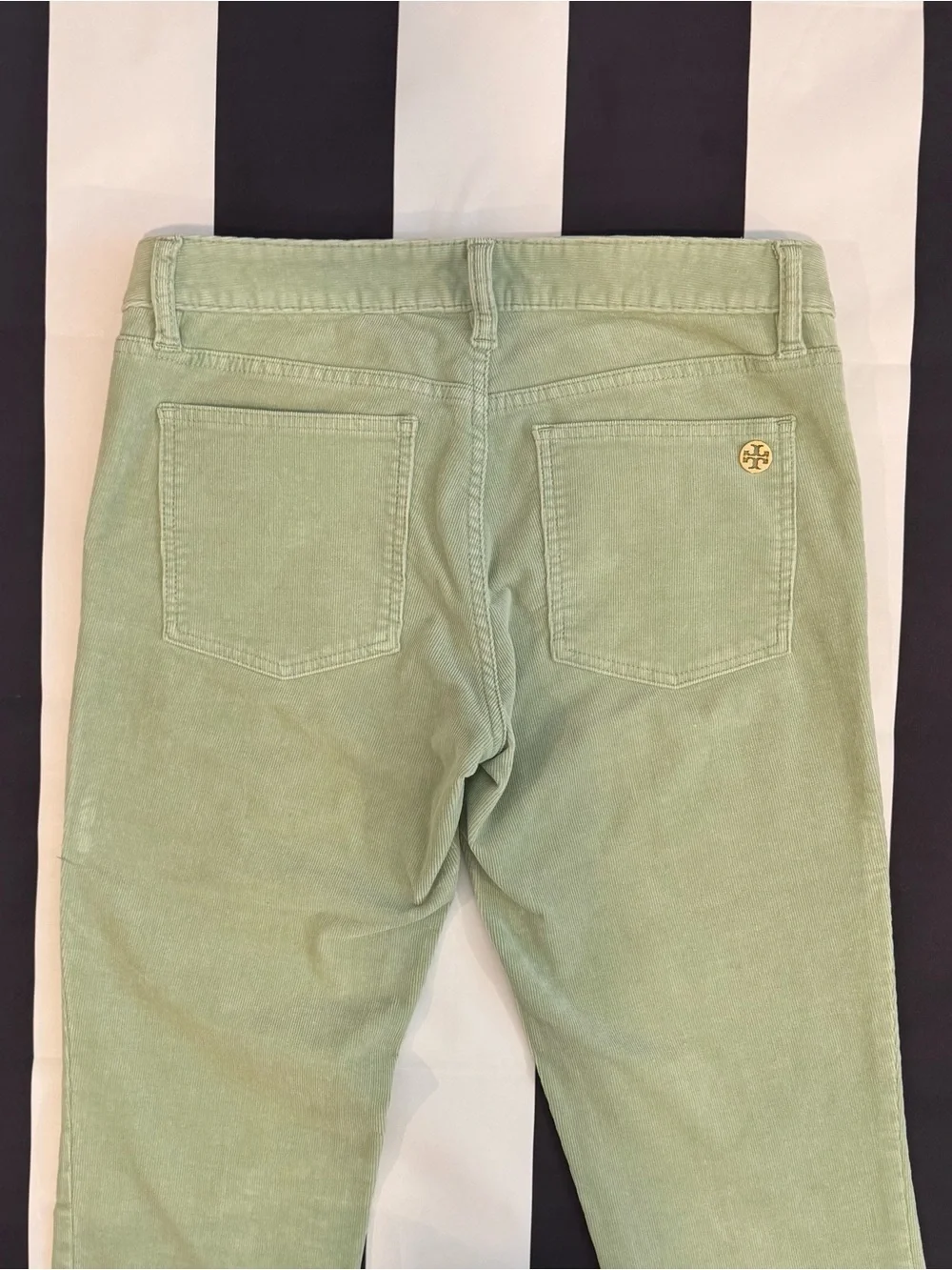 Tory Burch Women's Skinny  Corduroy Jeans in Sage Green with Gold Accents